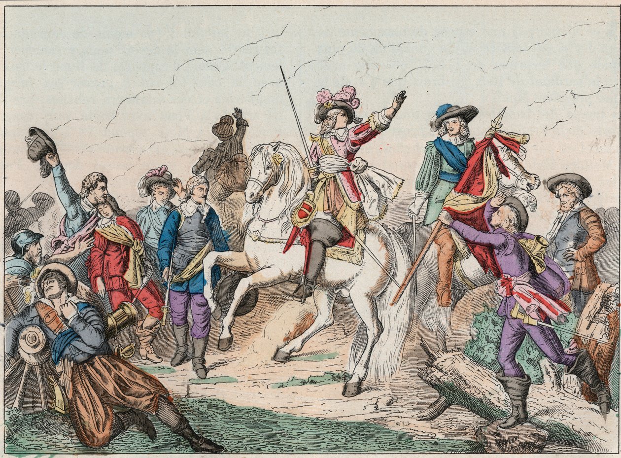 Trettioåriga krig (1618-1648): Prins Ludvig II av Bourbon Conde (Bourbon-Conde), känd som Grand Conde (1621-1686), hertig av Enghien, hälsade på liket av greven av Fontaine i slaget vid Rocroi (Rocroy) mot spanjorerna, 19 maj av French School