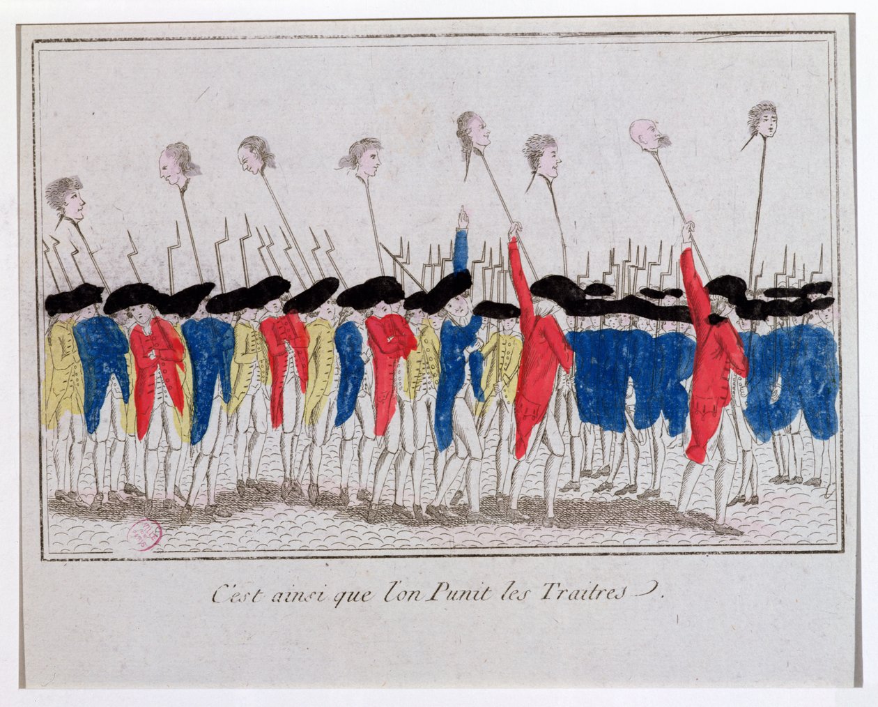 Så här straffas förrädare, sans-culottes som bär huvuden på de giljotinerade, 1789 av French School
