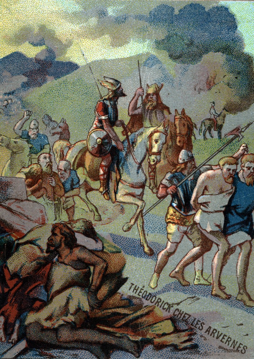 Théoderick, äldste son till Clovis, i Arvernes (Auvergne) (532-533). Chromolithography of the Series "" Patriotic Education through Image"". av French School