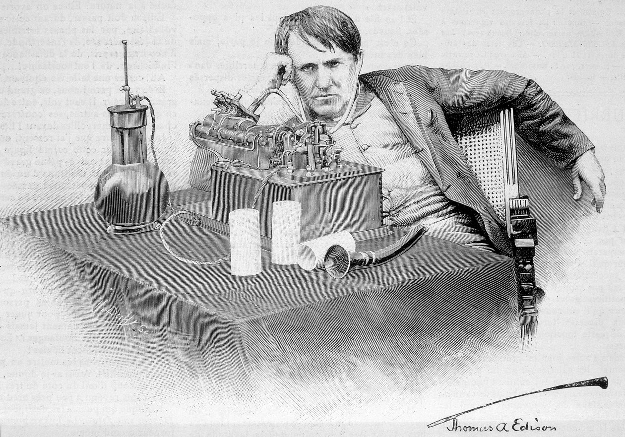 Thomas Edison och hans fonograf - i "" Le Monde Illustré"" av 1884-08-17 av French School