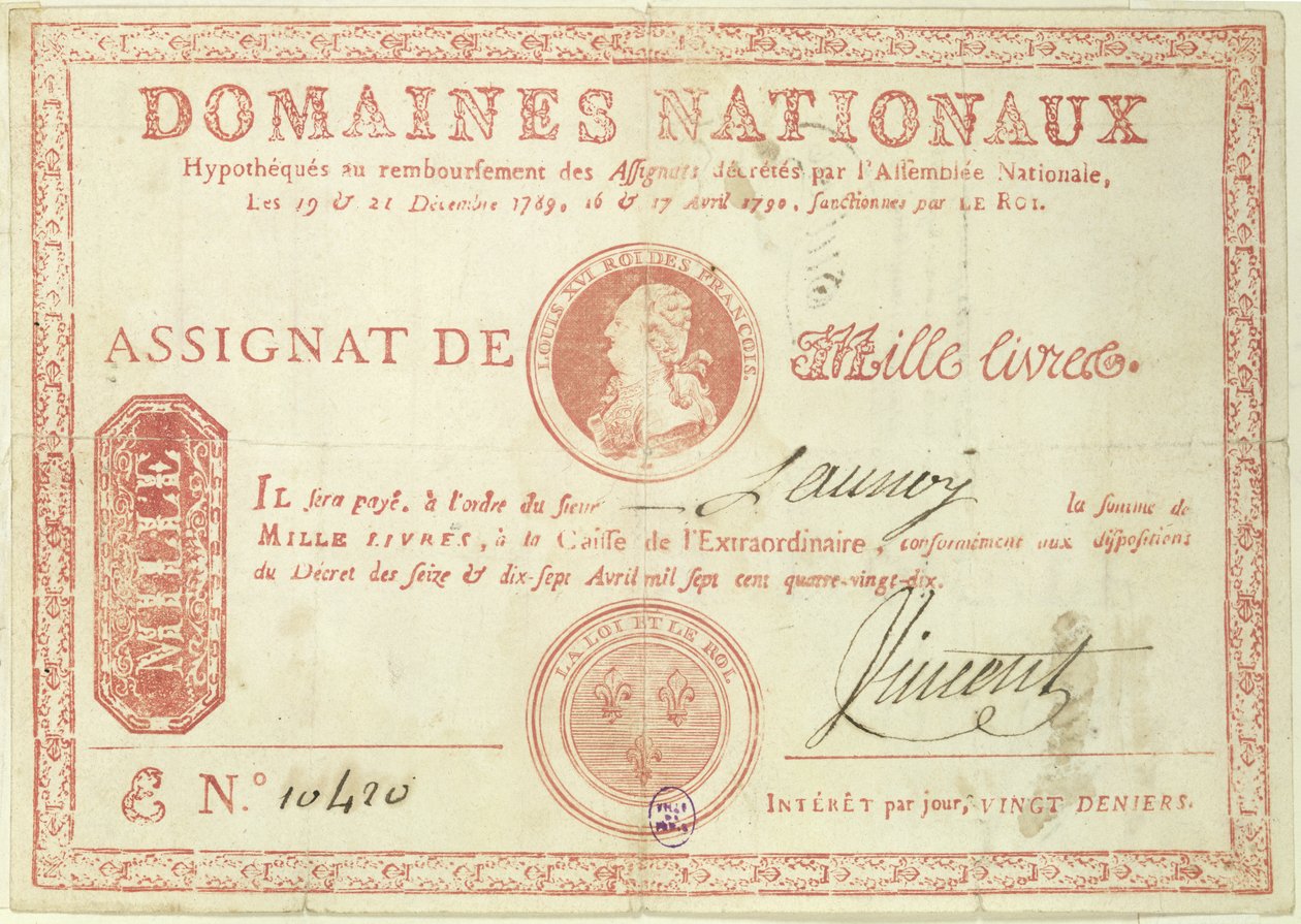 Tusen livre sedel med en bild av Ludvig XVI (1754-93) 1790 av French School