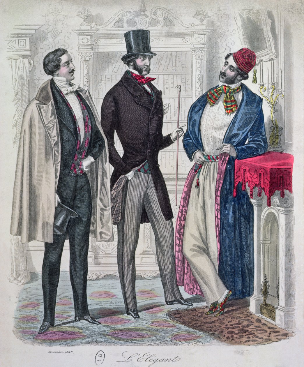 Tre eleganta unga män, december 1848 (färggravyr) av French School