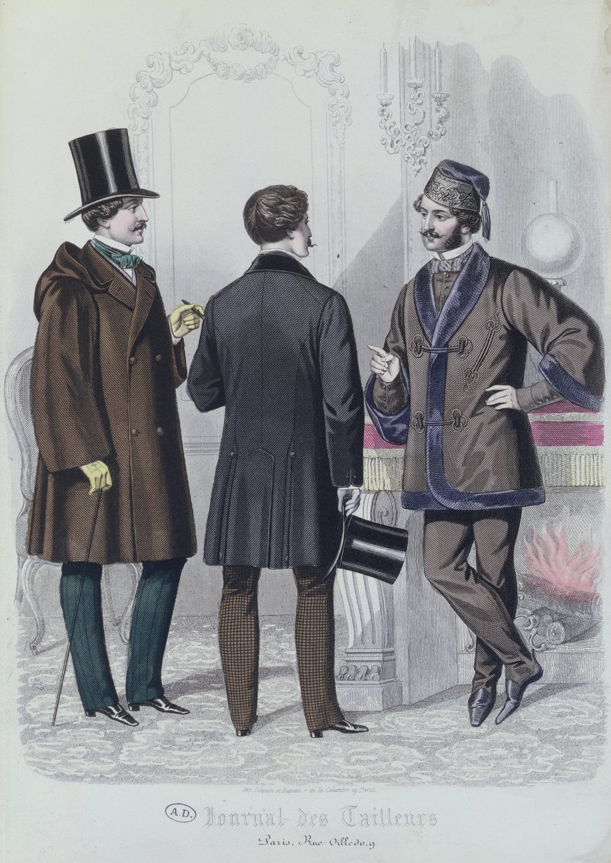 Tre eleganta unga män, december 1856 (färggravyr) av French School
