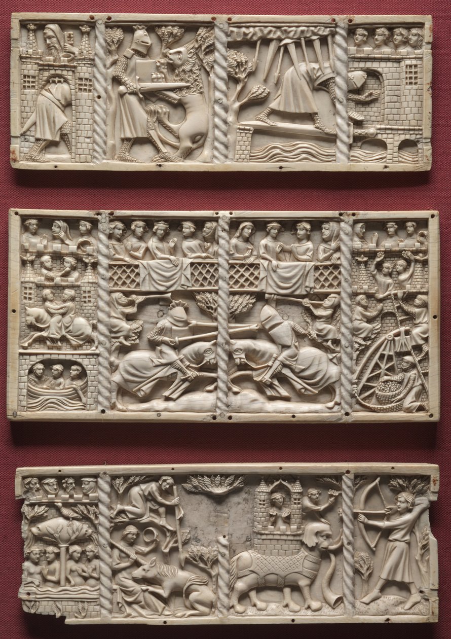 Tre paneler från en kista med scener från höviska romanser, ca 1330-1350 av French School