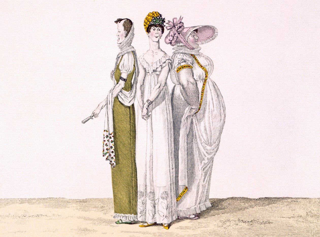 Three Parisian Graces, skylt 16 från le Bon Genre, c.1810 (färgstick) av French School