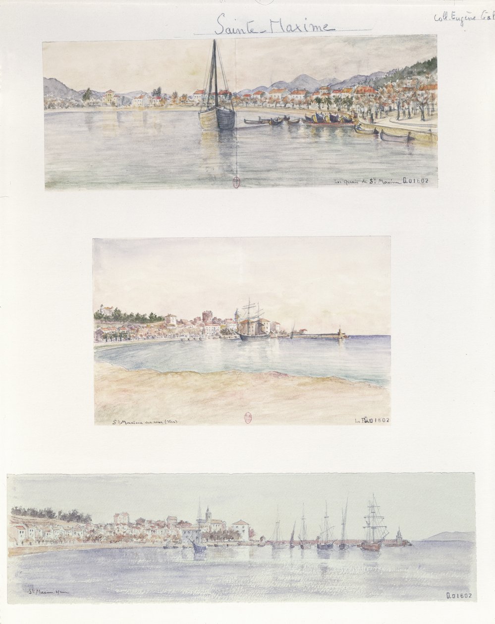 Tre vyer av Sainte Maxime (akvarell på papper) av French School