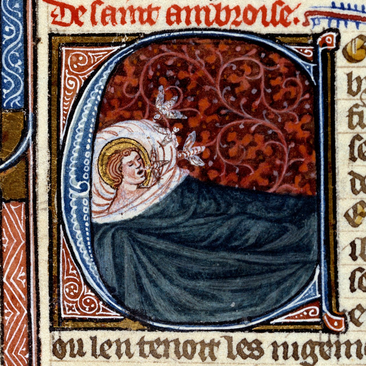 Tre bin kommer ut ur Sankt Ambrosius (Saint Ambrosius) mun. Miniatyr i "" The Book of Saints"" av French School