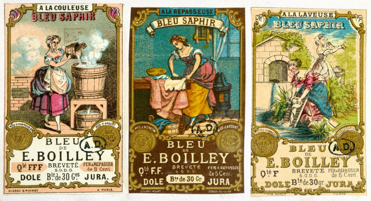 Tre etiketter för märket Bleu de E. Boilley av tvättpulver, 1878 av French School