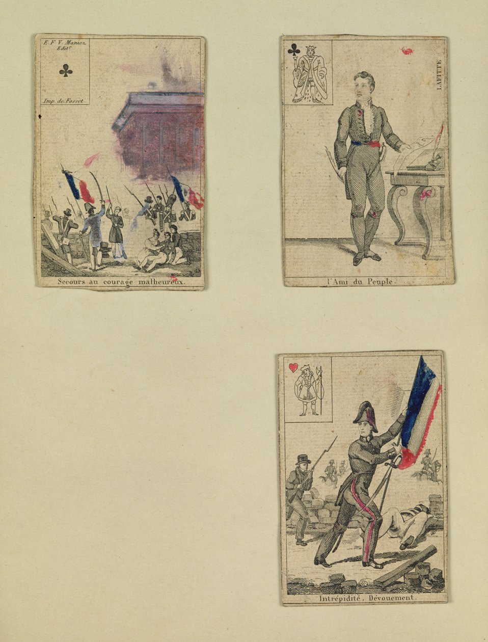 Tre spelkort till minne av hjältarna från juli 1830, 1831 av French School