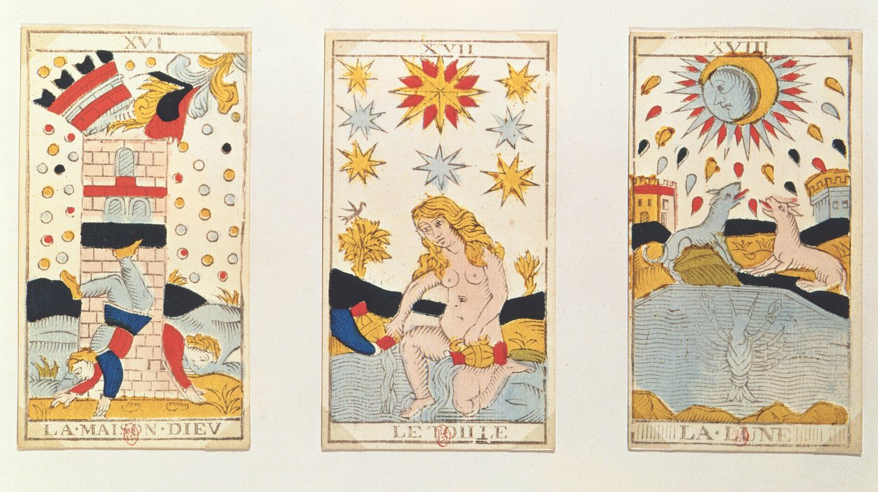 Tre tarotkort föreställande Tornet, Stjärnan och Månen (färgad trästick) av French School