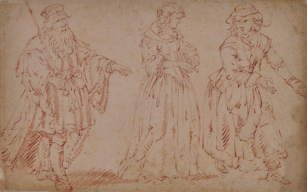 Tre teaterfigurer: King Lear, Cordelia och Maid av French School