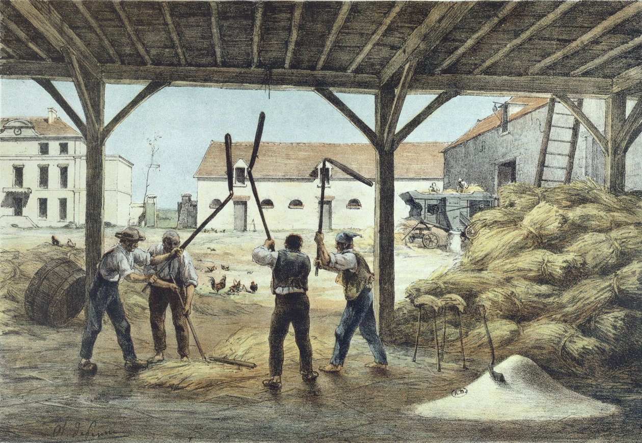 Att tröska majs, illustration från en skolbok Enseignement par les yeux, 1800-talets andra hälft av French School