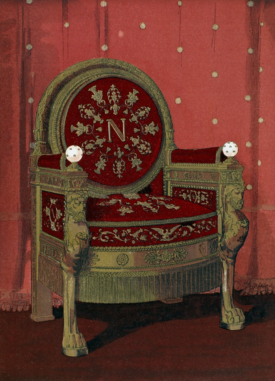 Throne of Napoleon I Bonaparte (1769-1821) Palace of Fontainebleau, illustration från Dictionary of furnishing and decoration av Henry Havard, volym 4, skylt 54, Paris, Maison Quantin, 1 av French School