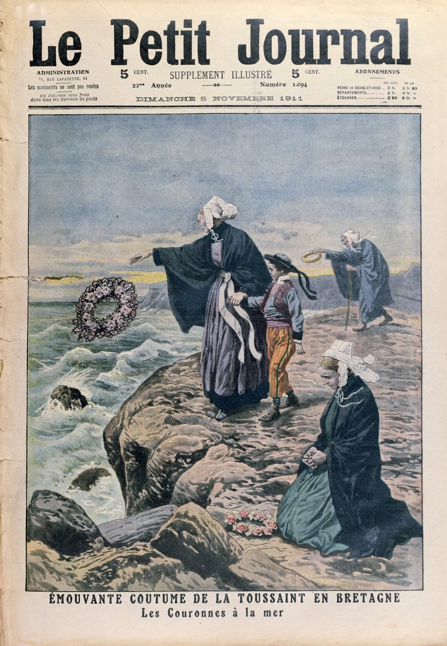 Att kasta kransar i havet på Allhelgonadagen i Bretagne, omslagsillustration från Le Petit Journal, 5 november 1911 av French School