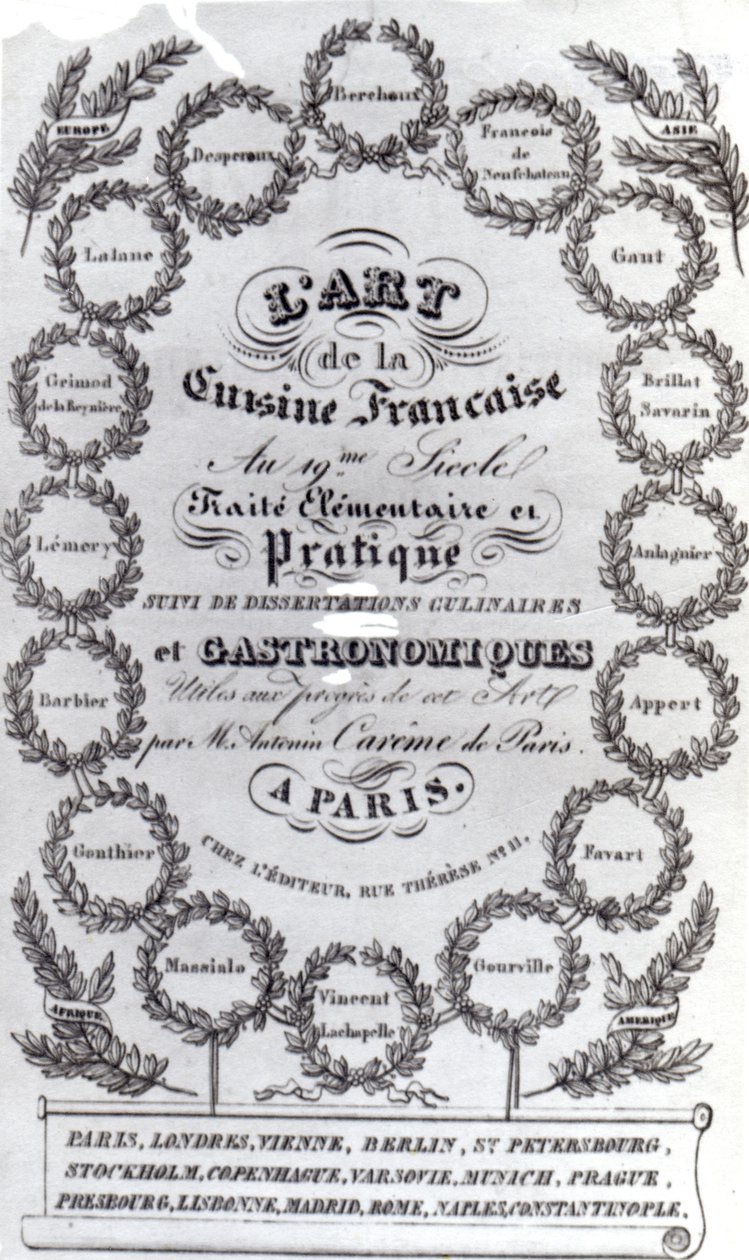 Titelsida för LArt de la Cuisine Francaise vol. III av Antonin Careme, publicerad 1834 (tryckt papper) av French School