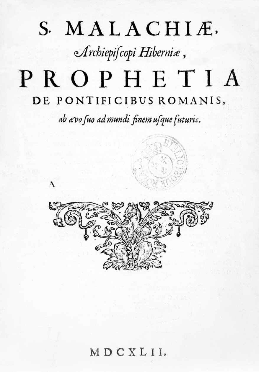 Titelsida för Prophecy of the Popes, publicerad 1662 (boktryck och gravyr) av French School