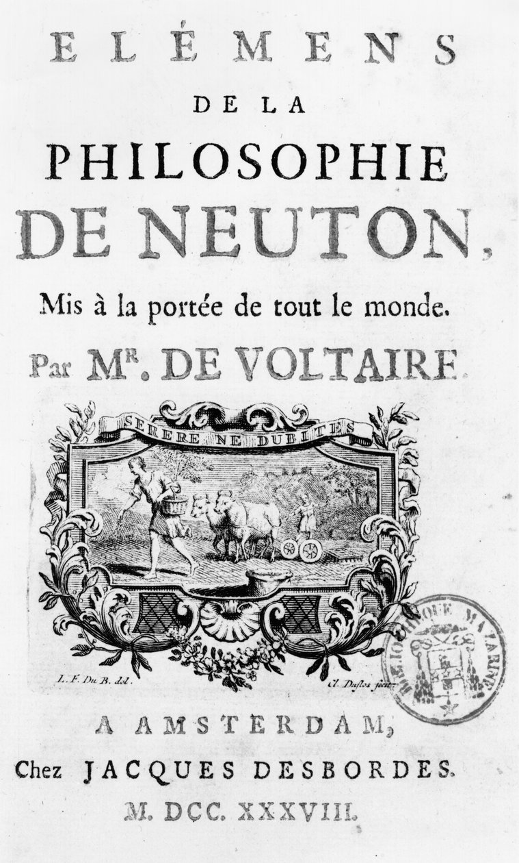 Titelsida för element i Newtons filosofi av Francois Marie Arouet Voltaire (1694-1778) Amsterdam, publicerad 1738 av French School