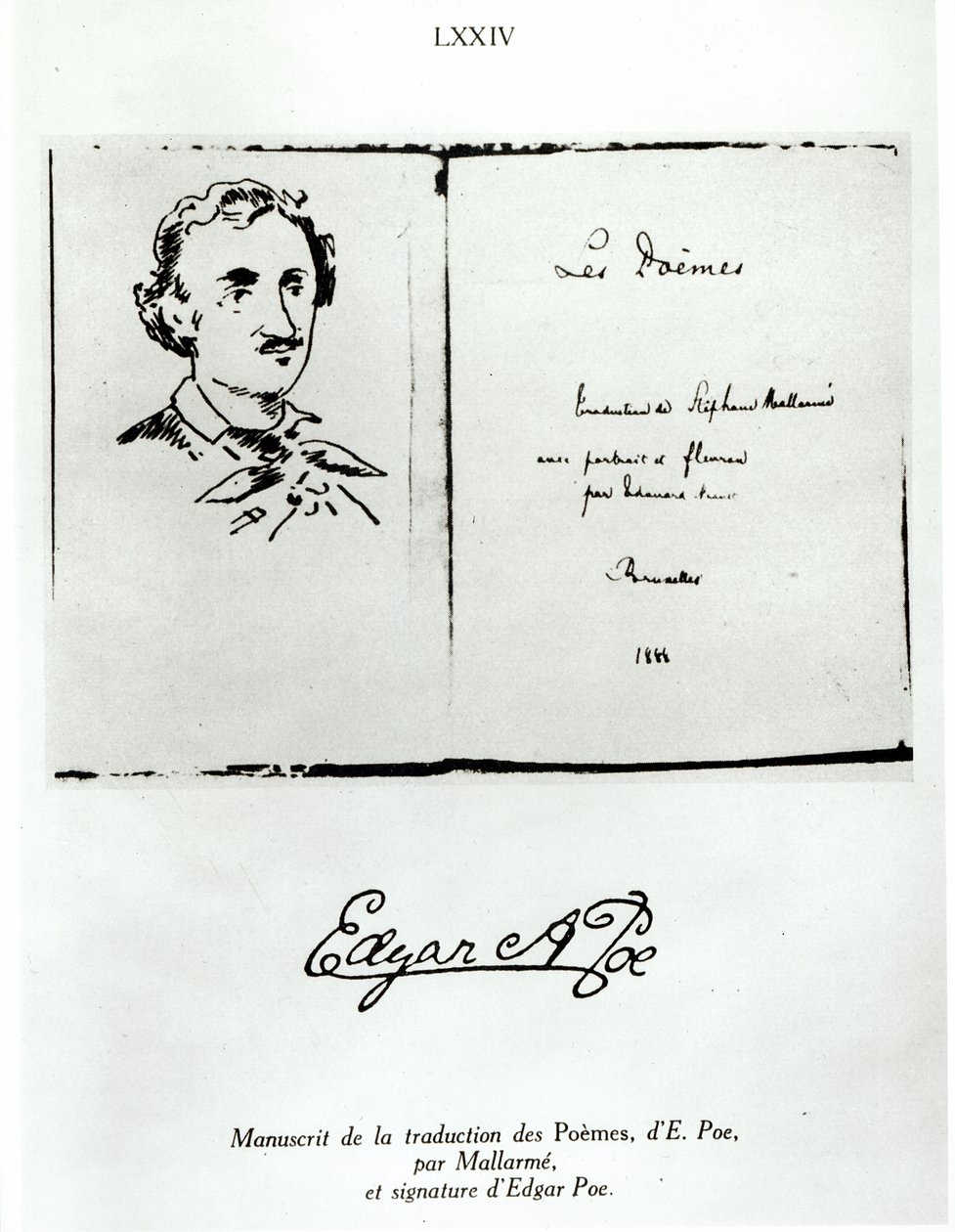 Titelsida av Les Poemes av Edgar Allan Poe (1809-49) översatt av Stephane Mallarme (1842-98) med ett porträtt av författaren, 1888 av French School