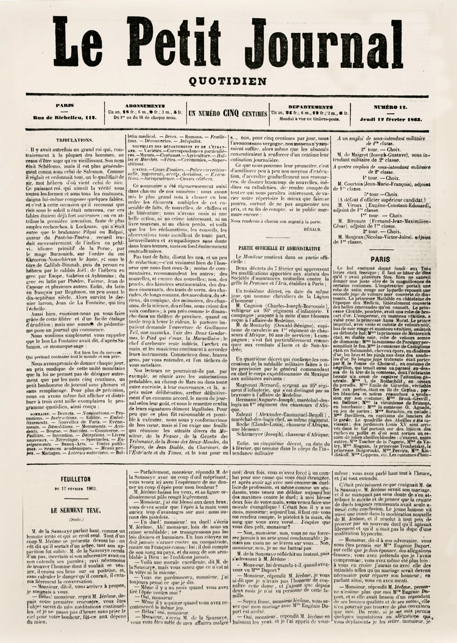 Titelsida på dagstidningen Le Petit Journal, 12 februari 1863 (tryckt) av French School