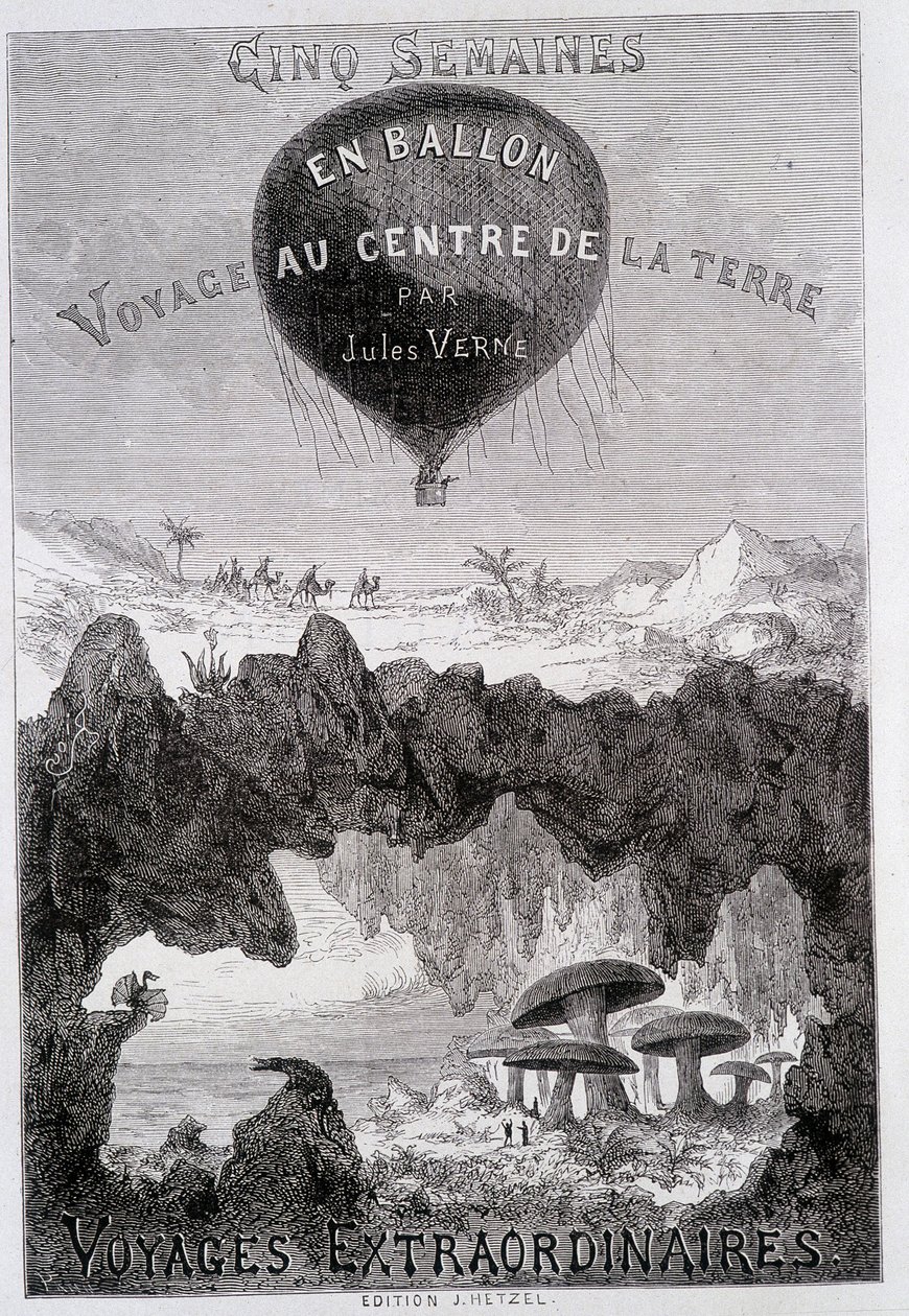 Titelsida: "" Five Weeks in Balloon" och "Journey to the Center of the Earth"" av Jules Verne, sd. Editions Hetzel under det allmänna namnet "" Les Voyages Extraordinary"" av French School