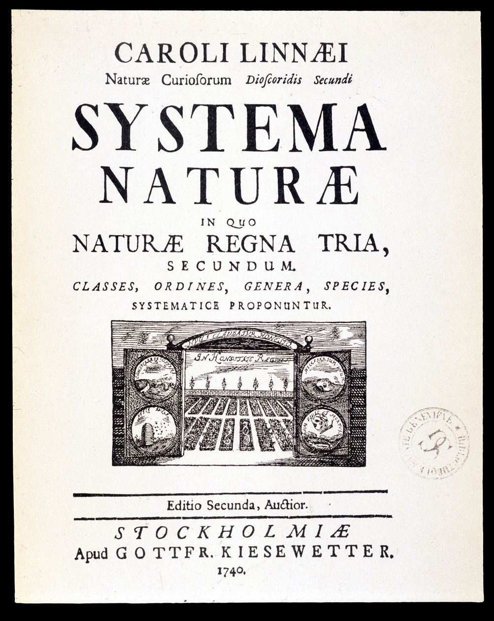 Titelsidan "" Naturliga system"" av Linné av French School