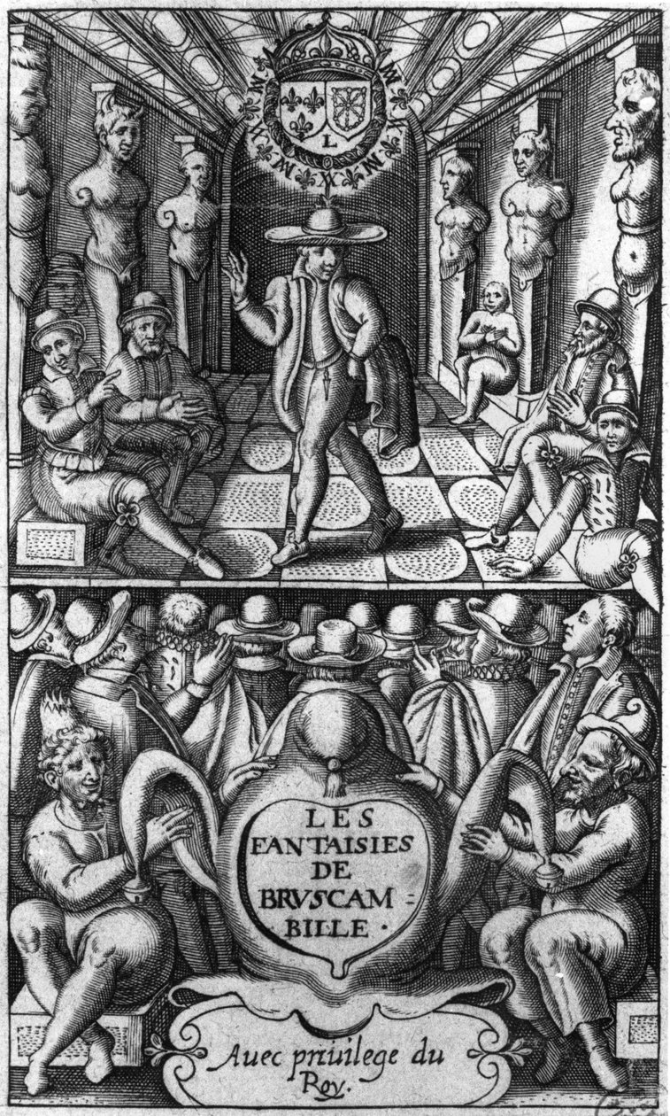 Titelsida från Les Fantaisies de Bruscambille, publicerad 1615 av French School