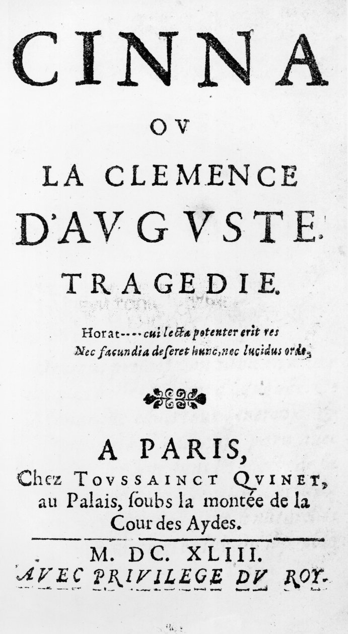 Titelsidan av Cinna ou la Clemence dAuguste av Pierre Corneille (1606-84) publicerad 1643 av French School