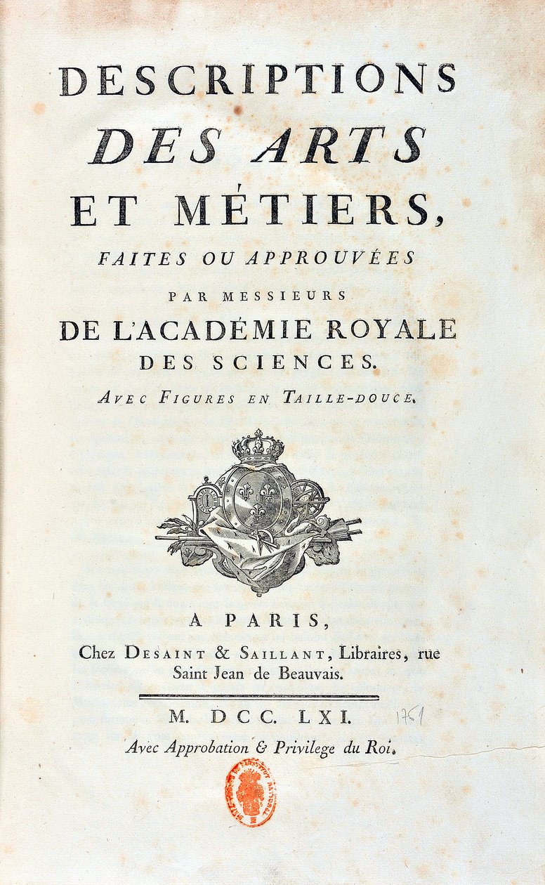 Titelsidan för "" Beskrivningar av konster och metiers gjorda eller godkända av herrar från Royal Academy of Sciences"". 1761 av French School