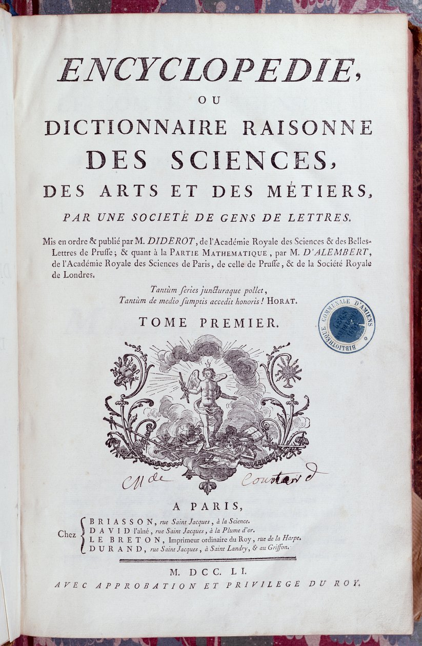Titelsidan till Encyclopedia av Denis Diderot (1713-84), publicerad i Paris 1751 (se även 157777) av French School