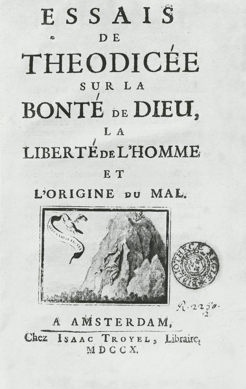Titelsidan för "Teodicéernas uppsatser om Guds godhet, människans frihet och ondskans ursprung", av Gottfried Leibniz av French School
