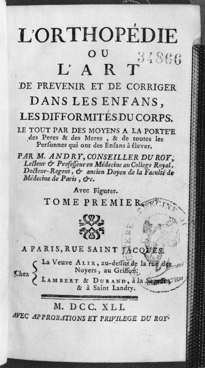 Titelsidan för Ortopedi eller konsten att förebygga och korrigera deformiteter av kroppen hos barn av Nicholas Andry (1658-1759) 1741 av French School