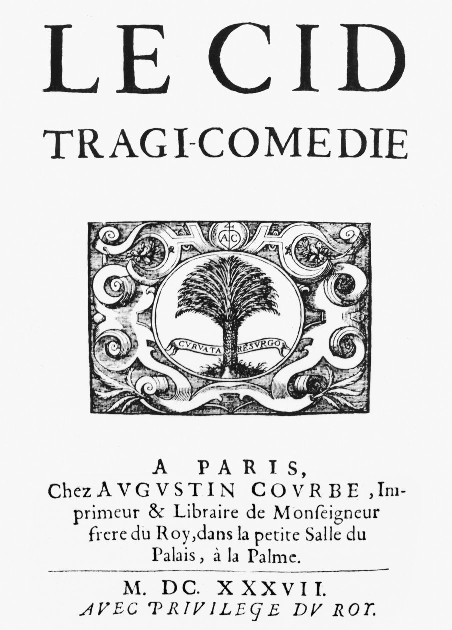 Titelsidan till Le Cid (1637) av Pierre Corneille (1606-84) publicerad 1637 av French School