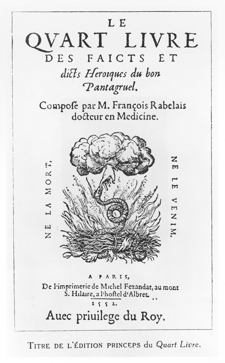 Titelsidan för "Den fjärde boken med hjältefakta och dikter av goda Pantagruel", av François Rabelais av French School