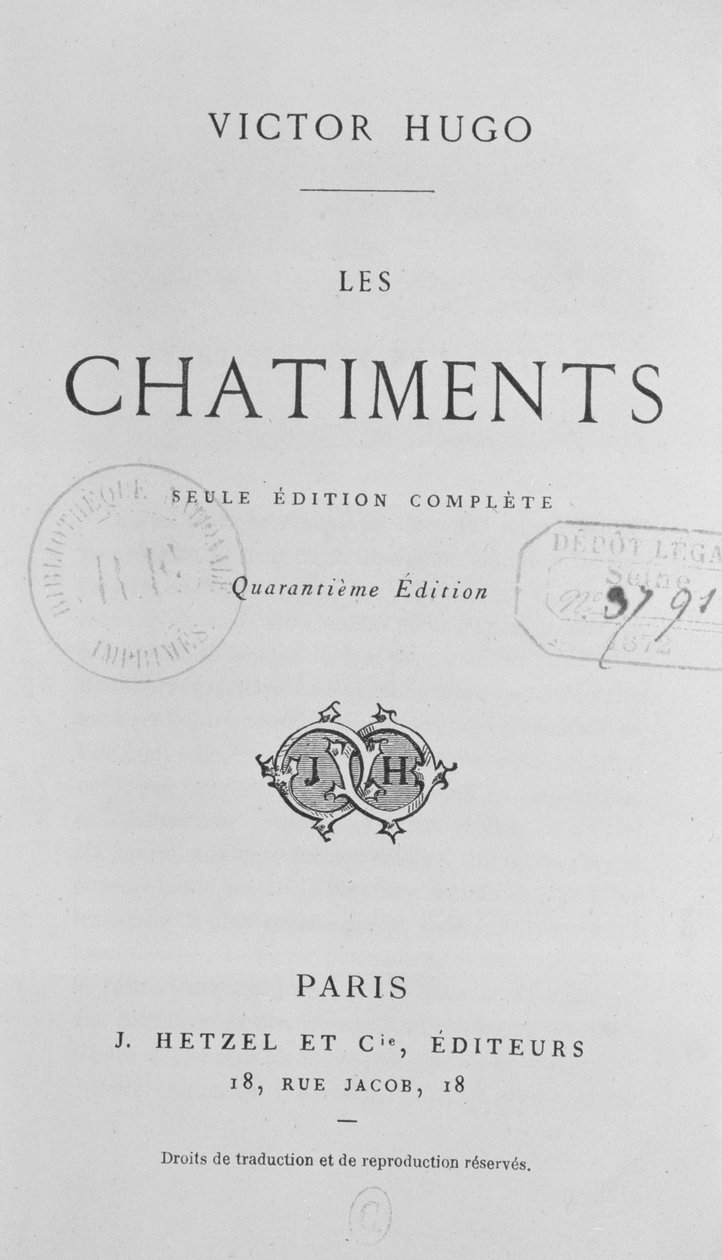 Titelsidan av Les Chatiments (1853) av Victor Hugo (1802-85), 40:e upplagan utgiven av J. Hetzel, 1872 av French School
