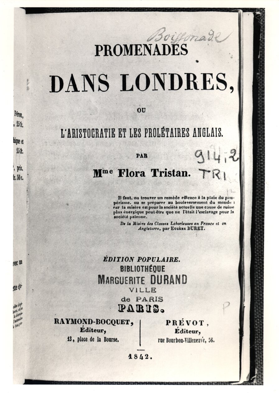 Titelsidan av Promenades dans Londres av Flora Tristan (1803-44), publicerad i Paris av Raymond-Bocquet et Prevot, 1842 av French School