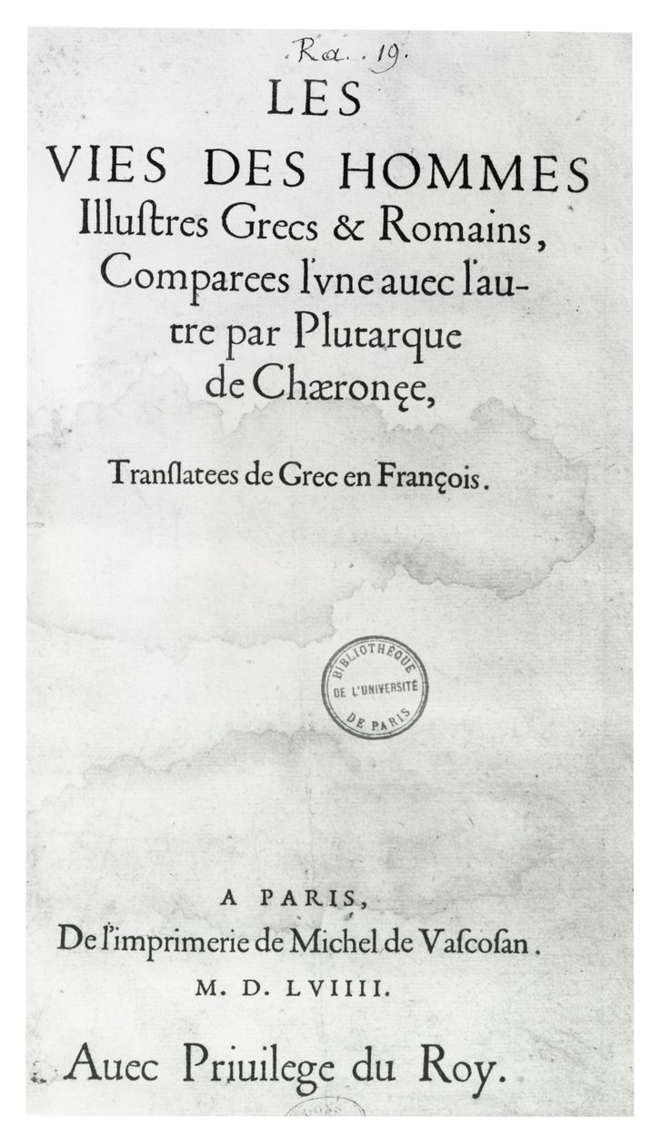 Titelsidan av The Lives of Noble Greek and Romans, av Plutarchus, tryckt av Michel de Vascosan av French School