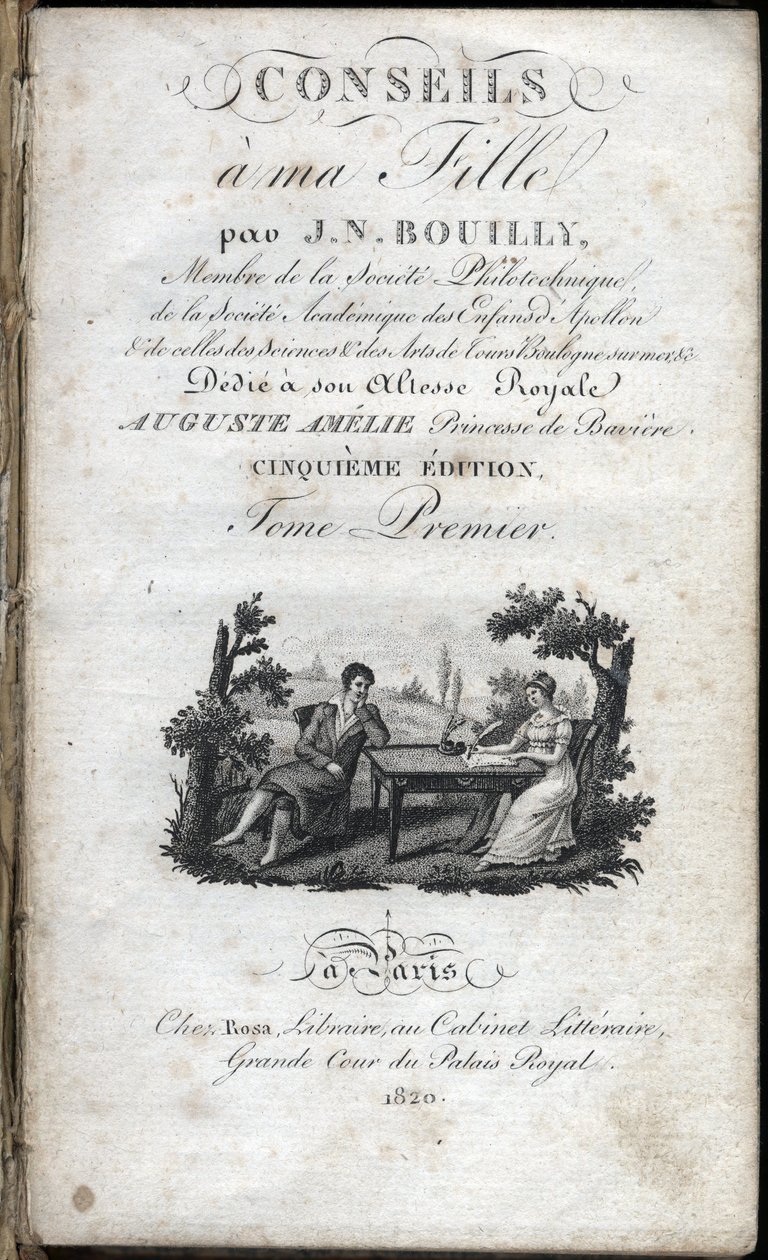 Titelsidan för "" Tips till min dotter " av Jean Nicolas Bouilly (1763-1842). 1820. Privat samling. av French School