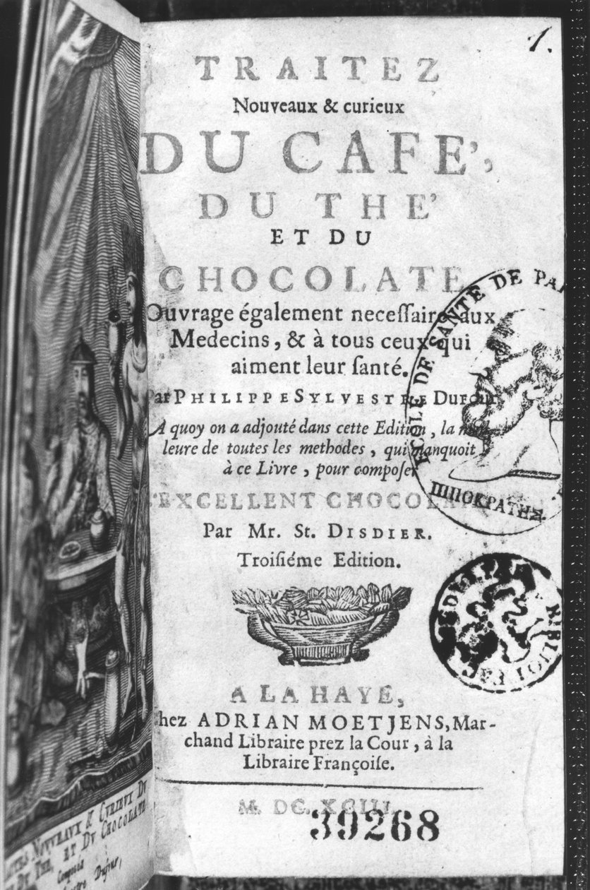 Titelsidan för New and Curious Treatise on Coffee, Tea and Chocolate av Philippe Sylvestre Dufour, La Haye, publicerad 1693 av French School