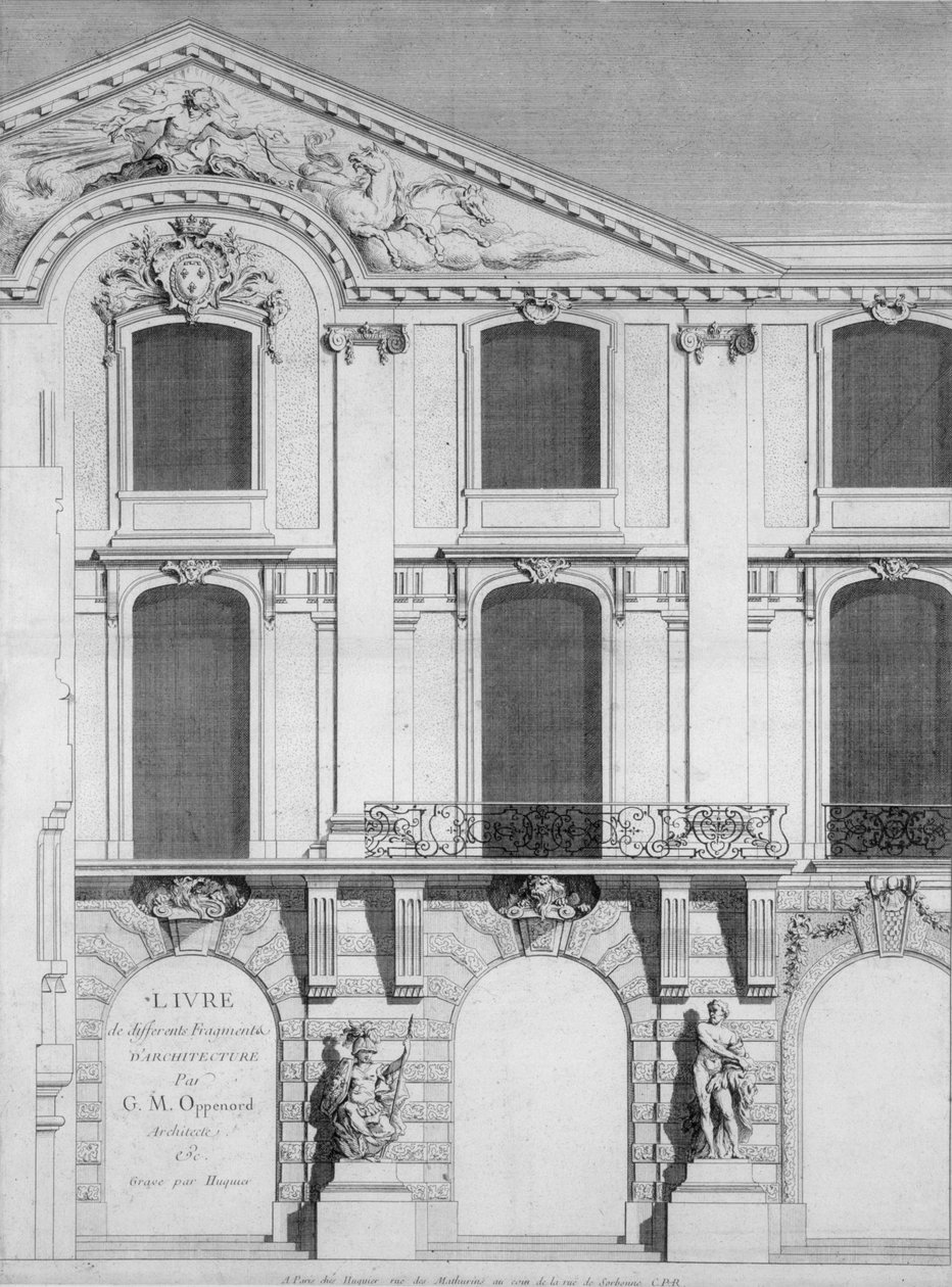 Titelsidan på en bok med graverade plåtar av Oppenords mönster, publicerad 1745 av French School