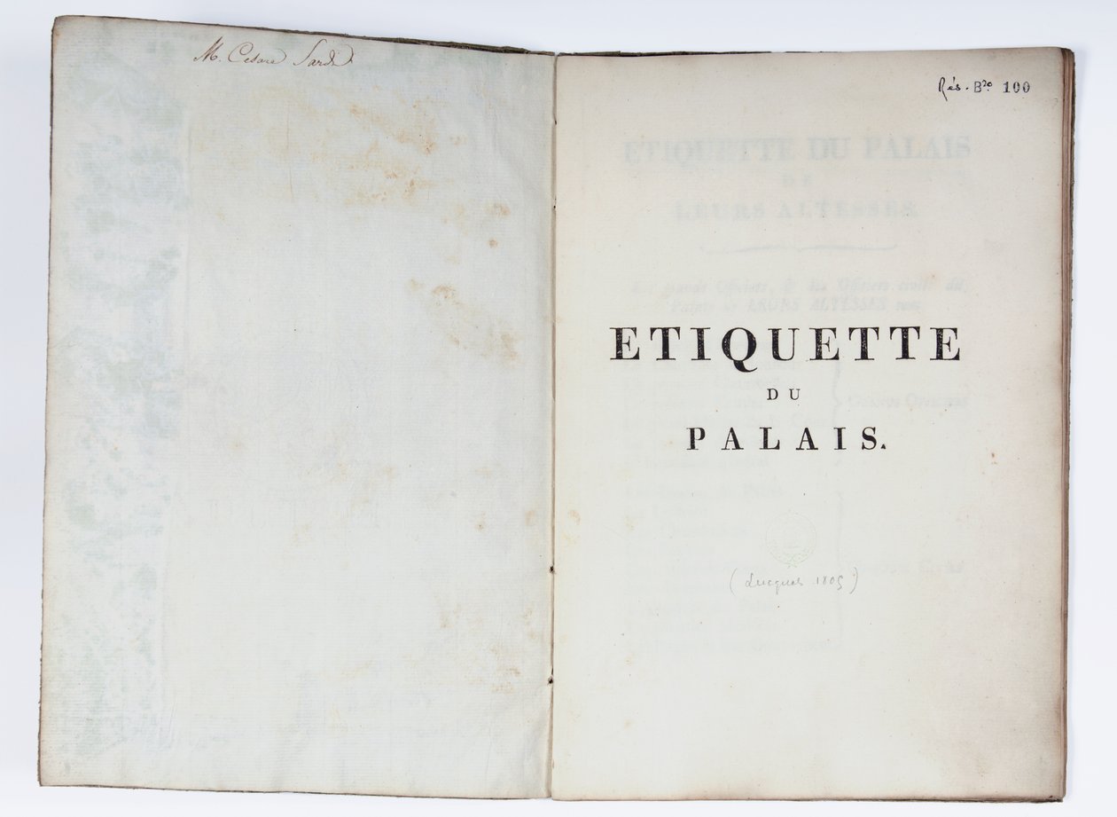 Titelsidan för Etiquette du Palais, Lucca, 1805 (tryckt papper) av French School