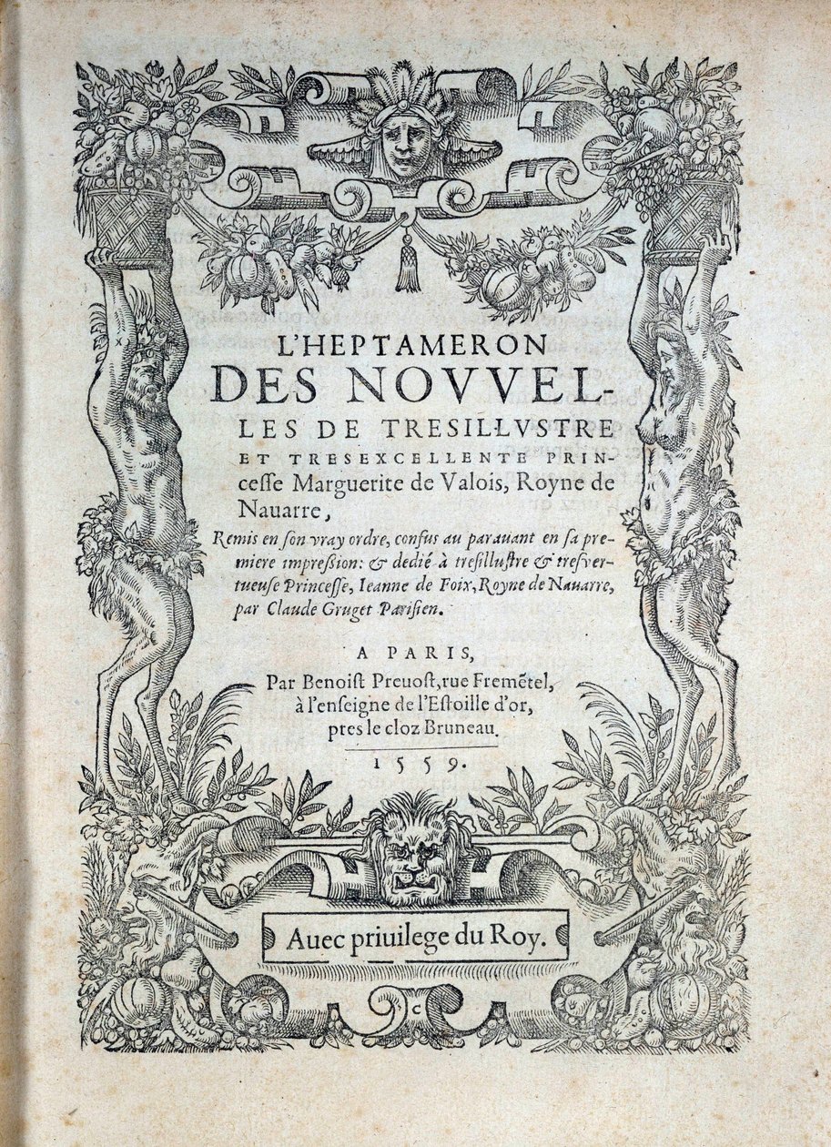 Titelsidan för "" the Heptameron""": berättelser eller nyheter av Margarita av Navarra (Marguerite av Valois, Marguerite av Angouleme eller Marguerite av Frankrike (1492-1549) drottning av Navarra och poetinna av French School
