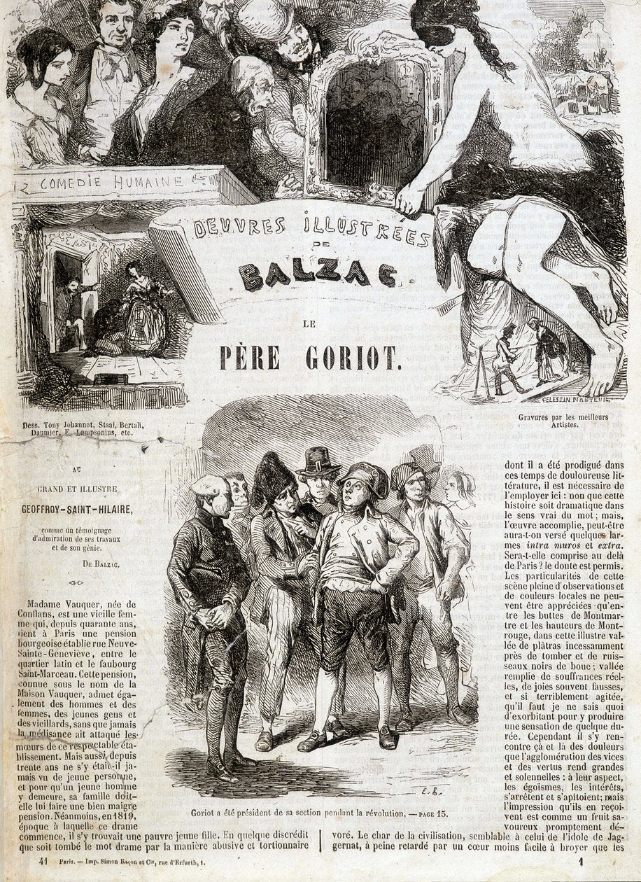 Titelsidan för den ursprungliga utgåvan av Balzacs roman "" Fader Goriot"" i "" Illustrerade verk av Balzac"": "" Goriot var ordförande för sektionen under revolutionen"" . ¿ av French School