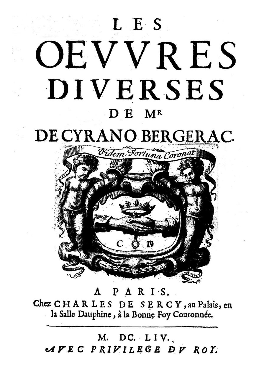 Titelsidor för "" Monsieur de Cyrano Bergeracs olika verk"" 1654. (1619 -1655) fransk författare. av French School