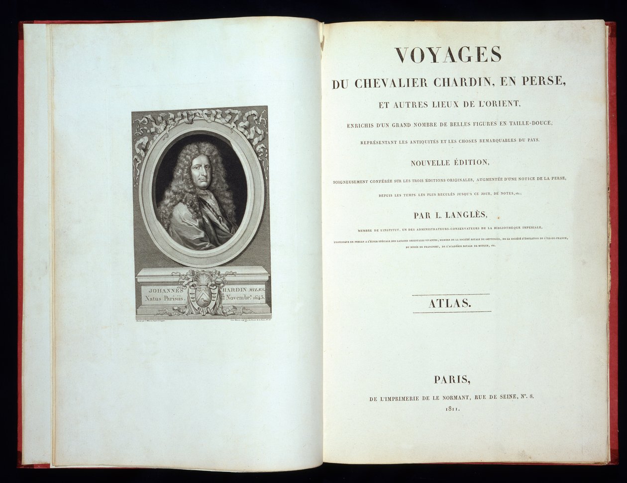 Titelblad och frontispiceporträtt från Voyages du Chevalier Chardin en Perse, 1811 av French School