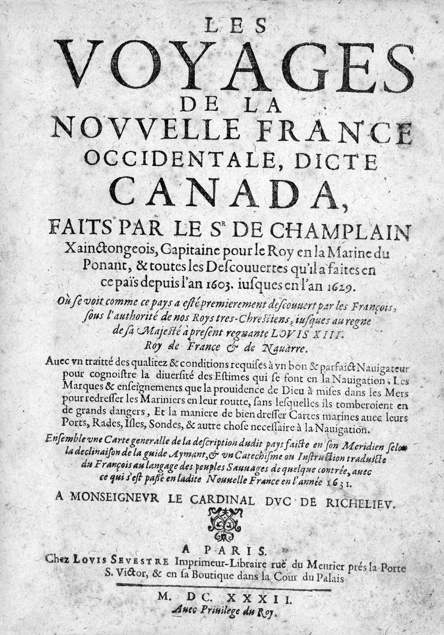 Titelsida för The Voyages of New France... publicerad 1632 (tryck) av French School