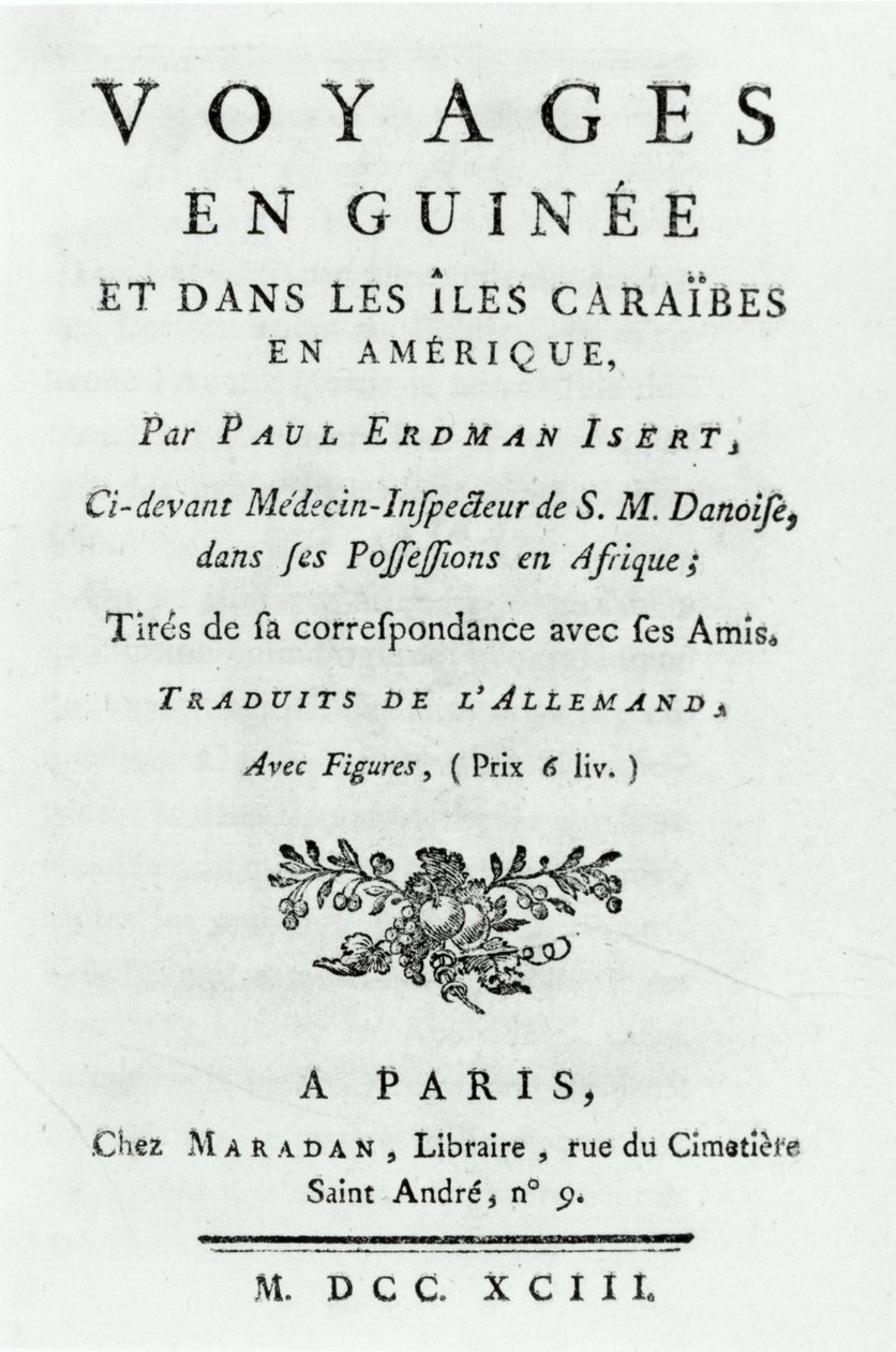 Titelsida för Travels in Guinea and the Caribbean Islands in America av Paul Erdman Isert, publicerad 1743 av French School