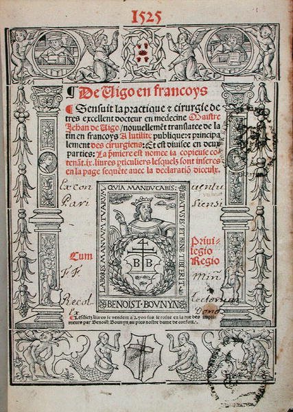 Titelsida från en bok om kirurgi av Jean de Vigo (1460-1525) 1525 (träsnitt) av French School