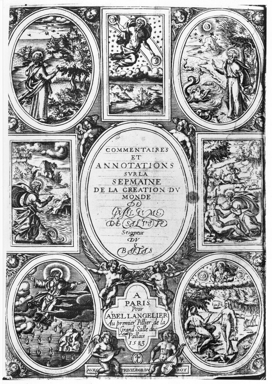 Titelsida för kommentarer och anteckningar om veckan för världens skapelse av Guillaume Sallust du Bartas (1544-90) 1583 av French School