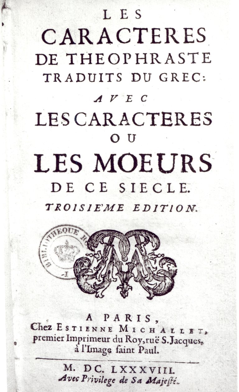 Titelsidan för The Characters of Theophraste översatt från grekiskan, med Characters or the manners of this century av La Bruyere (1645-96) 1688 av French School