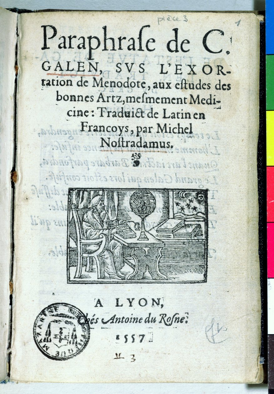 Titelsida för Paraphrase de C. Galien av Michel de Nostradame (Nostradamus) (1503-66) 1557 av French School